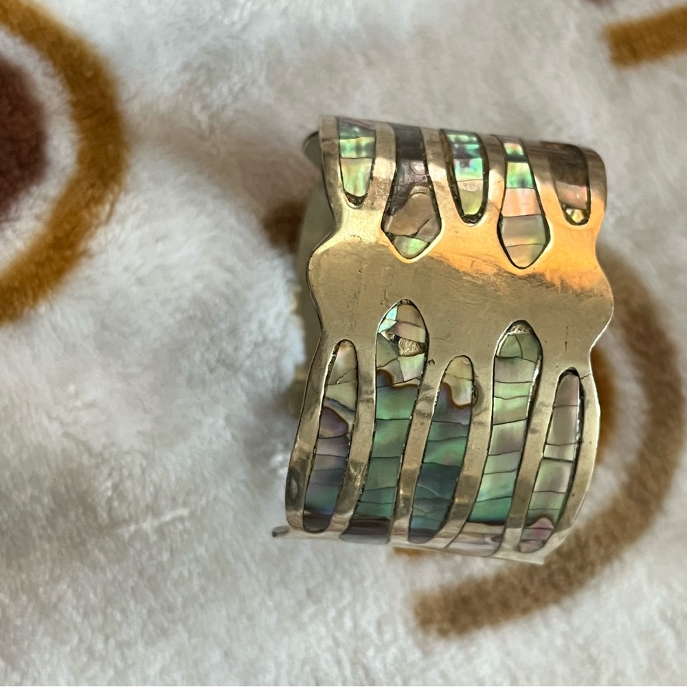 Vintage Alpaca Abalone Inlay Sterling Silver Cuff • Made in Mexico• 🌵